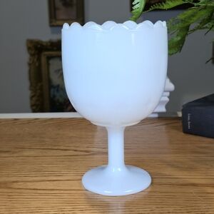 Vintage Milk Glass Goblet Scalloped Rim Pedestal Candy Dish 6" Tall White Glass